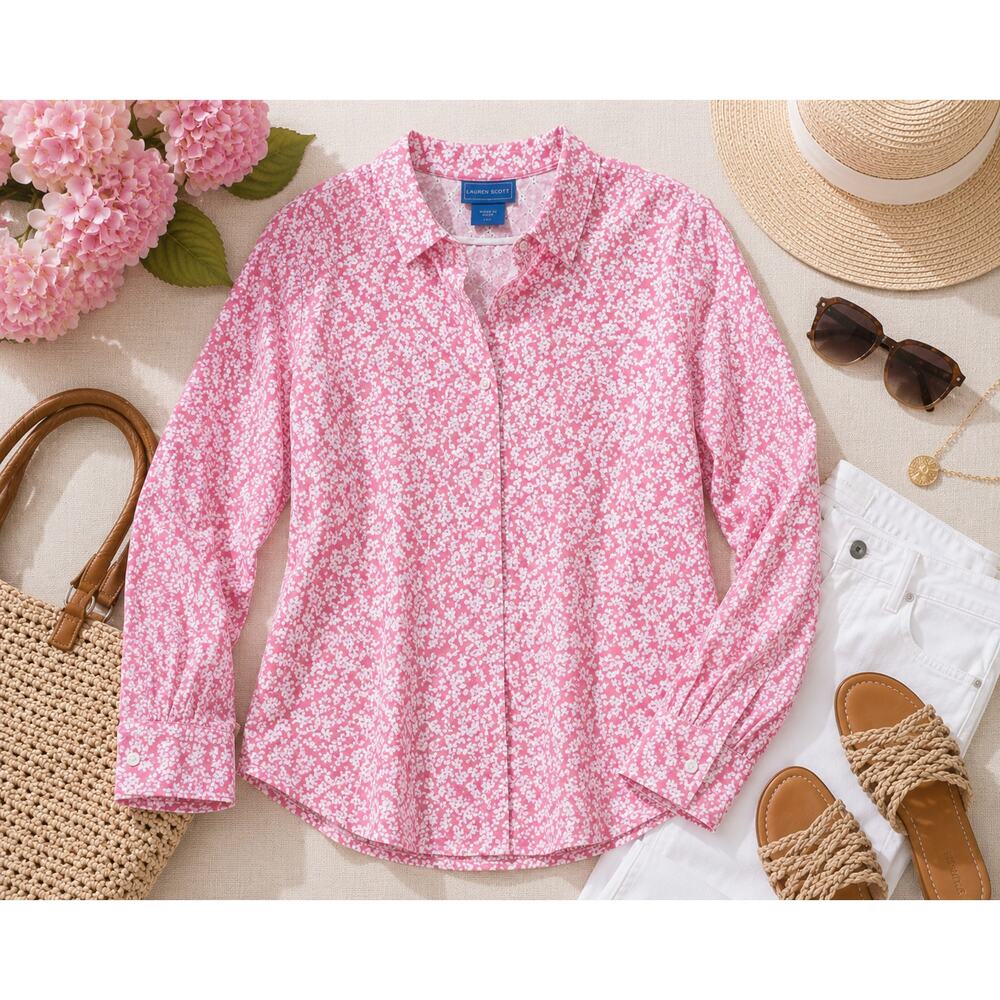 Lauren Scott Pink Floral Blouse Coastal‎ Grandmother Teacher Spring Top Large